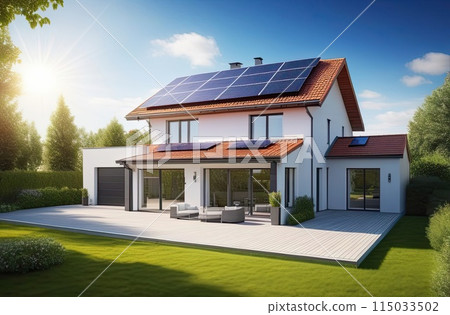 The roof of a modern house with eco-friendly solar panels in harmony with nature, ecology, saving natural resources, alternative energy source. AI Generated The roof of a modern house with eco-friendly solar panels in harmony with nature, ecology, saving natural resources, alternative energy source. AI Generated 115033502