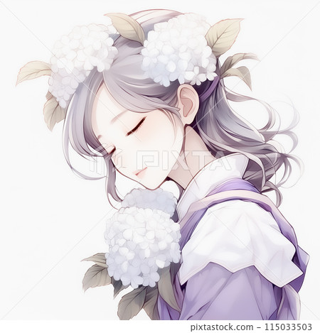 Watercolor illustration, woman, hydrangea, ephemeral, blooming, beautiful, flower, hydrangea, hydrangea Watercolor illustration, woman, hydrangea, ephemeral, blooming, beautiful, flower, hydrangea, hydrangea 115033503