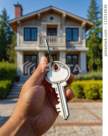 Key to house in the hands of a realtor near the cottage - sale, relocation, booking, cottage project, mortgage, housing and real estate insurance. The key to the home. AI generated; 115033636