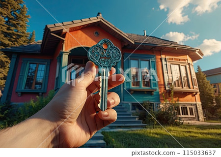 Key to house in the hands of a realtor near the cottage - sale, relocation, booking, cottage project, mortgage, housing and real estate insurance. The key to the home. AI generated; Key to house in the hands of a realtor near the cottage - sale, relocation, booking, cottage project, mortgage, housing and real estate insurance. The key to the home. AI generated; 115033637