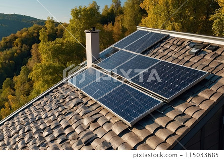 The roof of a modern house with eco-friendly solar panels in harmony with nature, ecology, saving natural resources, alternative energy source. AI Generated 115033685