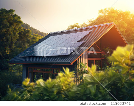 The roof of a modern house with eco-friendly solar panels in harmony with nature, ecology, saving natural resources, alternative energy source. AI Generated 115033741