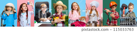 Collage. Portrait of little boys and girls, children in image of different professions posing isolated over multicolored background 115033763