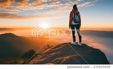 右邊是一位女登山者在山頂觀賞日落的背影。 115033930