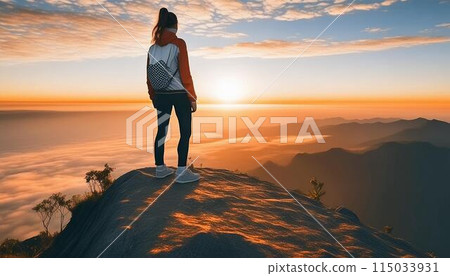 左邊是一位女登山客從山頂看夕陽的背影。 115033931