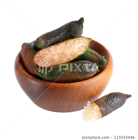 Fresh finger limes in wooden bowl isolated on white background. Caviar lime. Fruits pods. 115033946