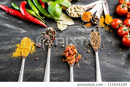 spoons with spices spoons with spices 115034289