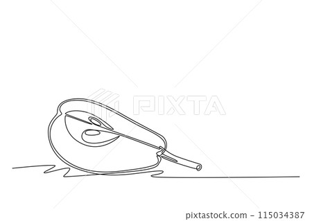 Continuous one line drawing sliced of healthy sweet green organic pear for orchard logo identity. Fresh summer fruitage concept fruit garden icon. Single line draw design vector graphic illustration Continuous one line drawing sliced of healthy sweet green organic pear for orchard logo identity. Fresh summer fruitage concept fruit garden icon. Single line draw design vector graphic illustration 115034387