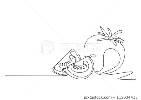 Single one line drawing whole and slice healthy organic tomatoes for farming logo identity. Fresh tropical vegetable concept for veggie garden icon. Continuous line design graphic vector illustration 115034413