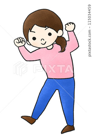 手繪插圖,一個女孩擺出積極的姿勢,前雙二頭肌 手繪插圖,一個女孩擺出積極的姿勢,前雙二頭肌 115034459