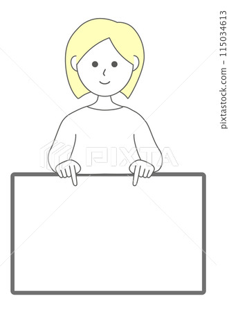 A simple illustration of a line drawing of a woman pointing down and explaining 115034613