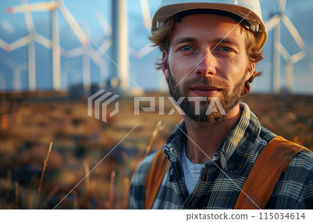 A handsome engineer in safety helmet against wind turbine park on the background 115034614