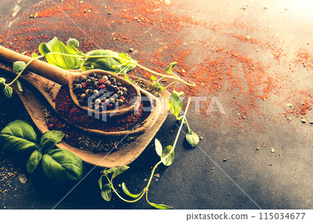 wooden spoons with spices and herbs 115034677