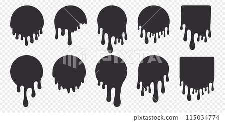 Melt circle stickers paint drip , round label, splash with drops, liquid shape graffiti blob stickers, stain isolated on background. Flowing fluid, slime or cream 115034774