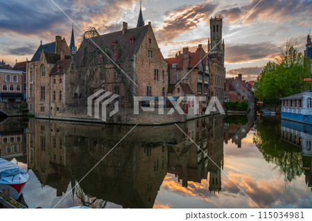 Belgium, Bruges, Dijver Canal, sunset Belgium, Bruges, Dijver Canal, sunset 115034981