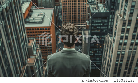 Businessman looking down on the city from a skyscraper 115035153