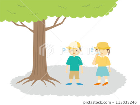 A set of illustrations of children resting in the shade 115035246