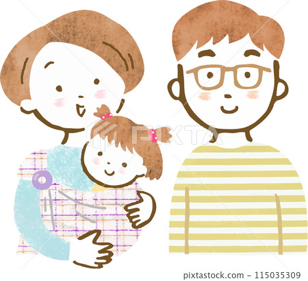 手繪插畫一家三口上半身，母親抱著女孩，父親擁抱 115035309