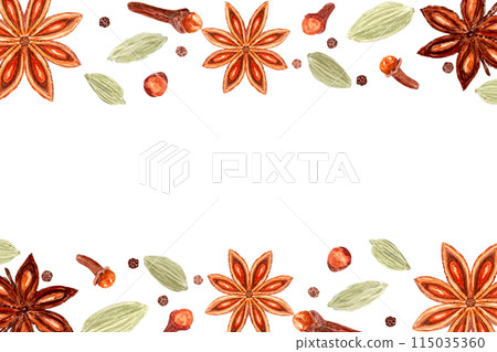 Star anise, cardamom, clove, black pepper watercolor frame on a white background. Spices with detailed texture and shades. Perfect for culinary, botanical projects, cards, posters, spice containers 115035360
