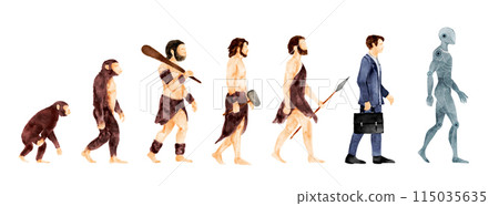 Human evolution from monkeys to AI . Watercolor paint design . Isolated white background . Illustration . 115035635