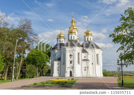 [Ukraine] Flower fields, green trees and St. Catherine's Cathedral in the park in Chernihiv city 115035711