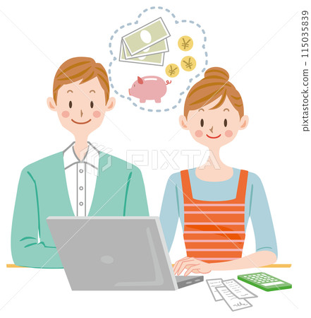 Couple keeping household account book, savings, tax return Couple keeping household account book, savings, tax return 115035839