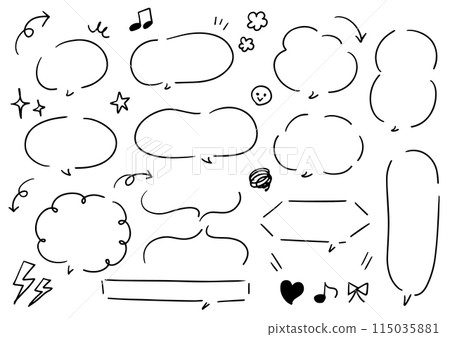 Handwritten speech bubble and arrow set with cartoon symbols for pop advertising 115035881