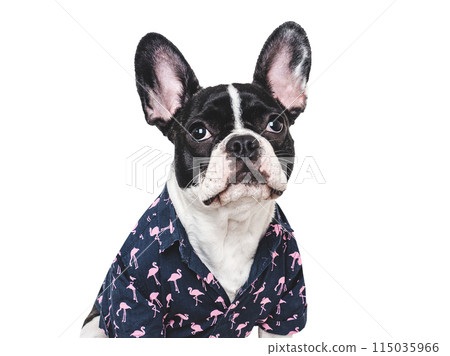 Cute puppy and stylish shirt. Isolated background 115035966
