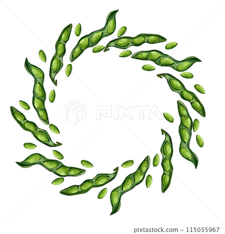Vegetable frame made of watercolor hand painted pods of green pea. Round aquarelle wreath with copy space, and organic vegetables. Good for menu, as banner Vegetable frame made of watercolor hand painted pods of green pea. Round aquarelle wreath with copy space, and organic vegetables. Good for menu, as banner 115035967