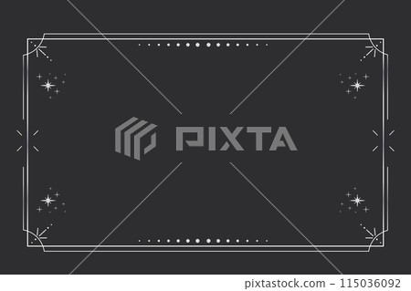 Silver celestial minimal esoteric frame, thin line border, mystyc linear decoration with dots, moon, stars corners isolated on dark background. Geometric shape, tarrot Silver celestial minimal esoteric frame, thin line border, mystyc linear decoration with dots, moon, stars corners isolated on dark background. Geometric shape, tarrot 115036092