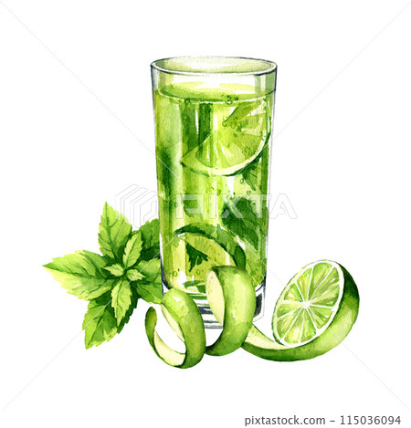 watercolor glass of mojito cocktail with fresh leaves of mint and green fruit lime, summer composition of refreshing drink, illustration, hand drawn sketch of cold beverage isolated white background watercolor glass of mojito cocktail with fresh leaves of mint and green fruit lime, summer composition of refreshing drink, illustration, hand drawn sketch of cold beverage isolated white background 115036094