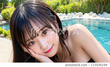 Woman in black bikini sitting by the pool 115036294