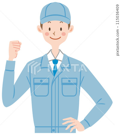Male worker wearing work clothes posing with fist in the air 115036409
