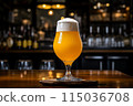 Refreshing light beer poured from tap into frothy large glass, perfect for hot summer day enjoyment 115036708