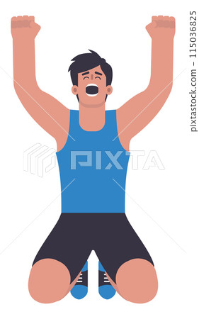 Happy winning athlete in blue kneeling 115036825