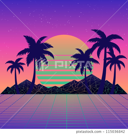 Futuristic neon mountains and palm trees silhouettes Futuristic neon mountains and palm trees silhouettes 115036842