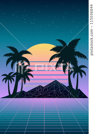 Futuristic neon mountains and palm trees silhouettes Futuristic neon mountains and palm trees silhouettes 115036844