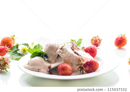 fresh organic cottage cheese with strawberries and ice cream in a plate fresh organic cottage cheese with strawberries and ice cream in a plate 115037332