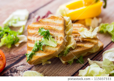 fried toasts with filling, salad leaves, tomatoes 115037333