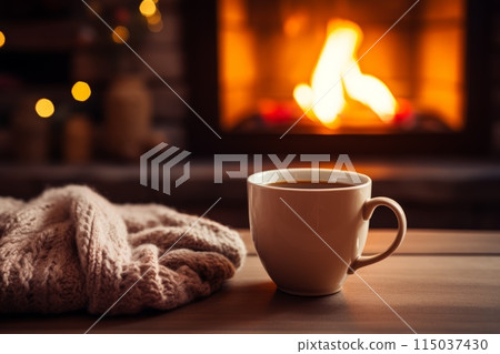 A cup of coffee and a blanket rest on a table in front of a crackling fireplace 115037430