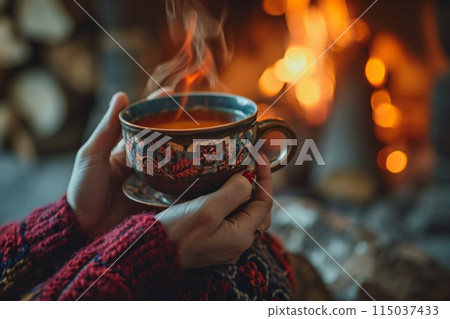 A woman's hands holding a cup of hot tea by a fireplace A woman's hands holding a cup of hot tea by a fireplace 115037433