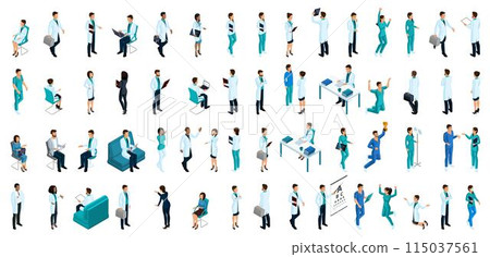 Isometrics a large set of characters, people in medical clothes, a doctor, a surgeon, a nurse, a medical assistant, patients, paramedic 115037561