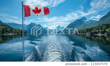 Canadian flag flying from a boat on a scenic lake, surrounding mountains. Canada Day, Civic Holiday 115037579