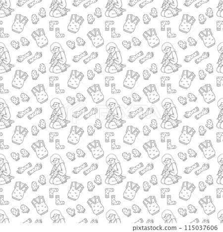 Seamless pattern with girl and knitting clothes. Doodle outline illustration. Seamless pattern with girl and knitting clothes. Doodle outline illustration. 115037606