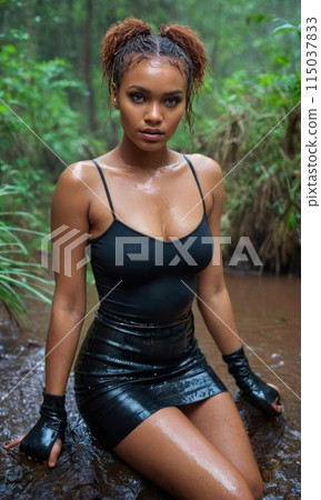 Wet pretty black skin girl in a latex or leather short dress in the rain in a tropical forest or 115037833