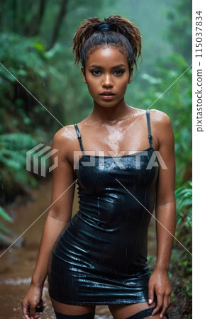Wet pretty black skin girl in a latex or leather short dress in the rain in a tropical forest or 115037834