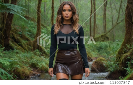 Wet pretty girl in a latex or leather short dress in the rain in a tropical forest or jungle Wet pretty girl in a latex or leather short dress in the rain in a tropical forest or jungle 115037847