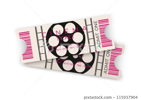 Two cinema tickets with barcode in realistic style. Front view. Design with film reel. Cinema ticket template. Vector illustration Two cinema tickets with barcode in realistic style. Front view. Design with film reel. Cinema ticket template. Vector illustration 115037904