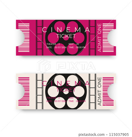 Two cinema tickets with barcode. Realistic style front view. Design with film reel. Cinema ticket template. Vector illustration Two cinema tickets with barcode. Realistic style front view. Design with film reel. Cinema ticket template. Vector illustration 115037905