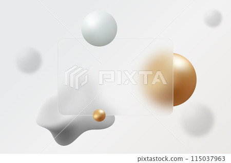 Rectangular banner made of transparent glass with voluminous gold and white spheres. Realistic glass morphism shape. 115037963